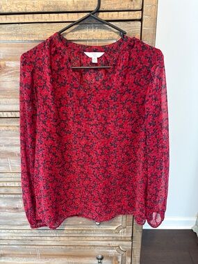 Time and Tru Red & Black Floral Sheer V-Neck Blouse